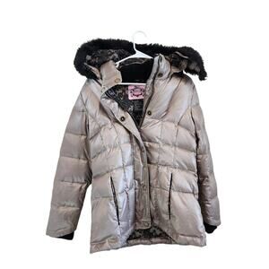 Five Fifty Five Triple Nickel Zip Puffer Jacket Faux Fur Metallic Silver Small